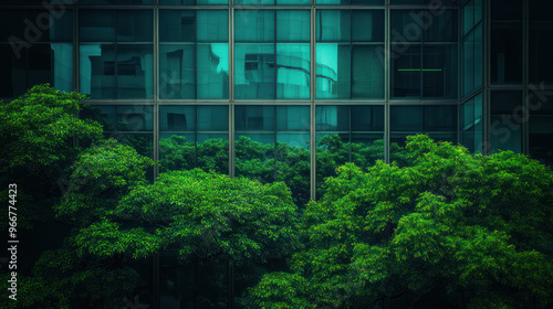 Green building reflection of trees in glass window