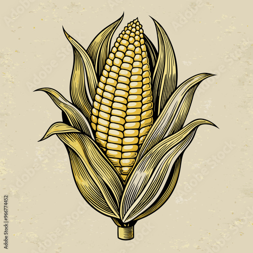 Vintage Corn Illustration Detailed Ear of Corn with Husk in Retro Style