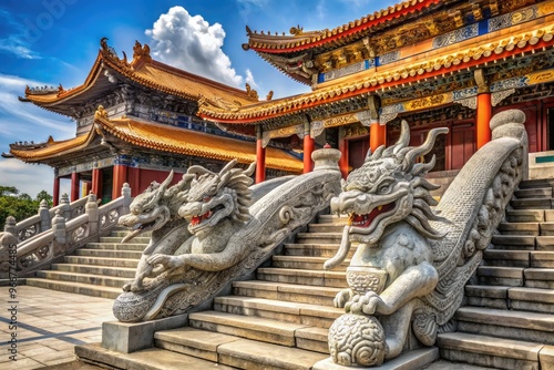 Ancient intricately carved stone dragons adorn the grand entrance of a restored imperial temple, showcasing the opulent architectural heritage of China's Sui Dynasty era. photo