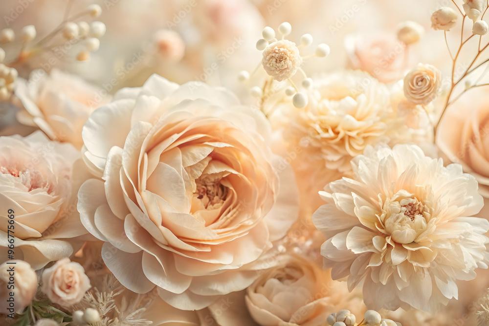 Softly Spoken: Delicate, creamy white flowers bloom in a captivating arrangement, bathed in a gentle, golden light. The soft focus and muted tones create a dreamy, ethereal atmosphere, perfect for wed Softly Spoken: Delicate, creamy white flowers bloom in a captivating arrangement, bathed in a gentle, golden light. The soft focus and muted tones create a dreamy, ethereal atmosphere, perfect for wed