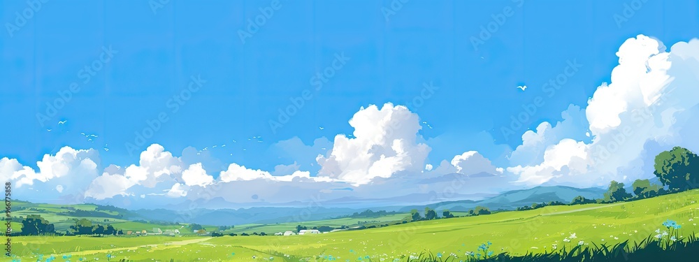 Landscape of blue sky with white clouds on a summer day. Green meadows. Landscape of blue sky with white clouds on a summer day. Green meadows.