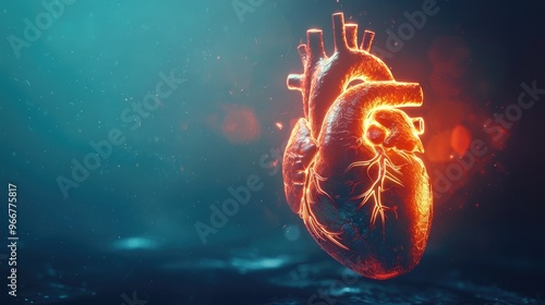 Hologram of the human heart on a plain blue background.