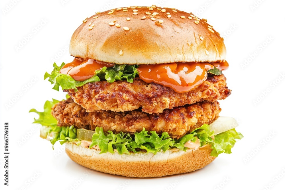 Delicious chicken burger, double burger with crispy chicken meat, salad and sauce isolated on white background , ai Delicious chicken burger, double burger with crispy chicken meat, salad and sauce isolated on white background , ai