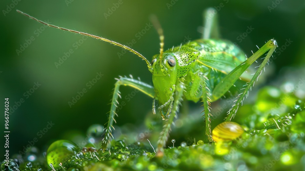 A close-up of a green insect perched on a mossy rock surface. A close-up of a green insect perched on a mossy rock surface.
