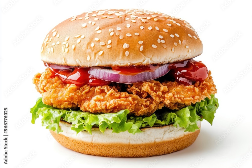 Delicious chicken burger, double burger with crispy chicken meat, salad and sauce isolated on white background , ai Delicious chicken burger, double burger with crispy chicken meat, salad and sauce isolated on white background , ai