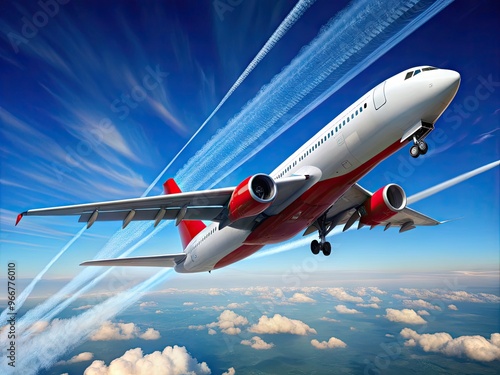 A pristine commercial airliner with distinctive red and blue branding on tail and wing, soaring through a clear blue sky with contrails behind. photo