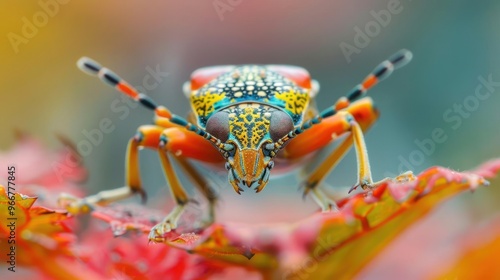 A close-up of a vibrant, multi-colored insect perched atop a red flower or leaf. photo