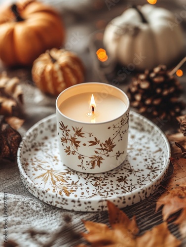 A beautifully crafted candle placed on an elegant tray, surrounded by autumnal decorations like leaves and pumpkins, with generative ai