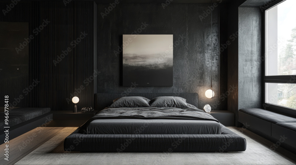 A modern, minimalist bedroom featuring dark tones and a serene atmosphere. A modern, minimalist bedroom featuring dark tones and a serene atmosphere.
