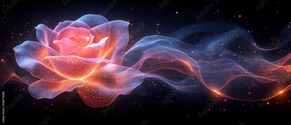 Fototapeta premium Glowing Rose with Sparkles and a Stream of Light