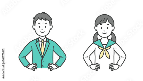 腰に手を当てる男女の学生の上半身イラスト