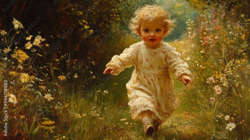 Little Girl Running Through a Field of Flowers Little Girl Running Through a Field of Flowers