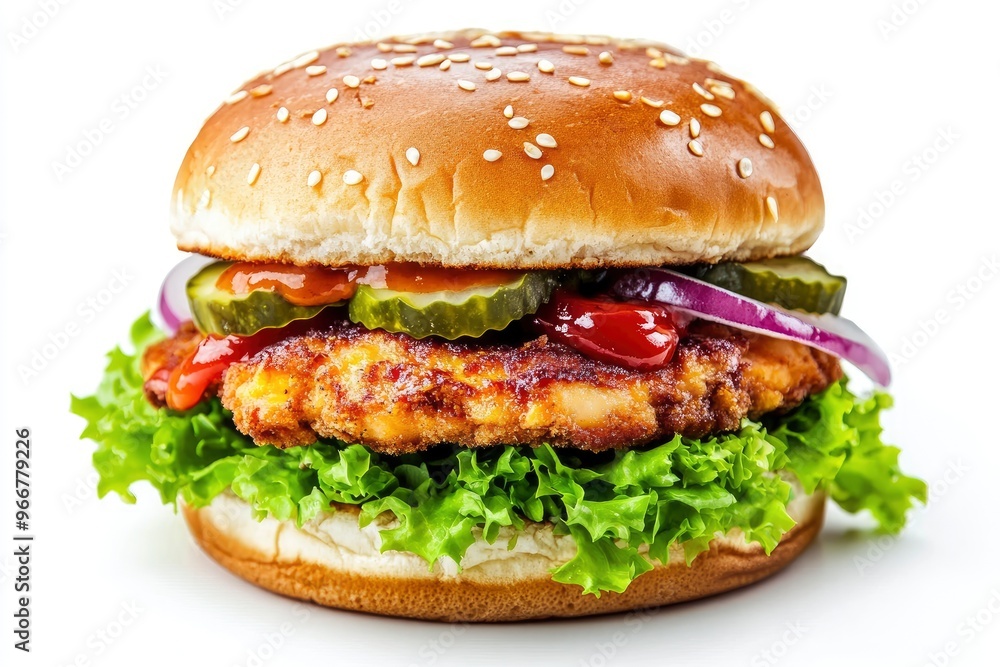 Delicious chicken burger, double burger with crispy chicken meat, salad and sauce isolated on white background , ai