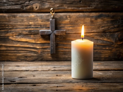 A serene, white candle surrounded by a halo of soft light, placed on a rustic wooden table, beside a simple, yet elegant, silver cross.