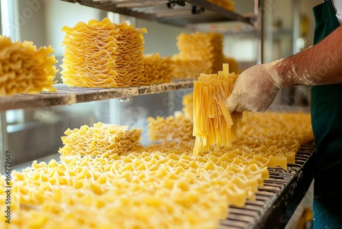 A hand holding freshly made pasta in a factory setting photo