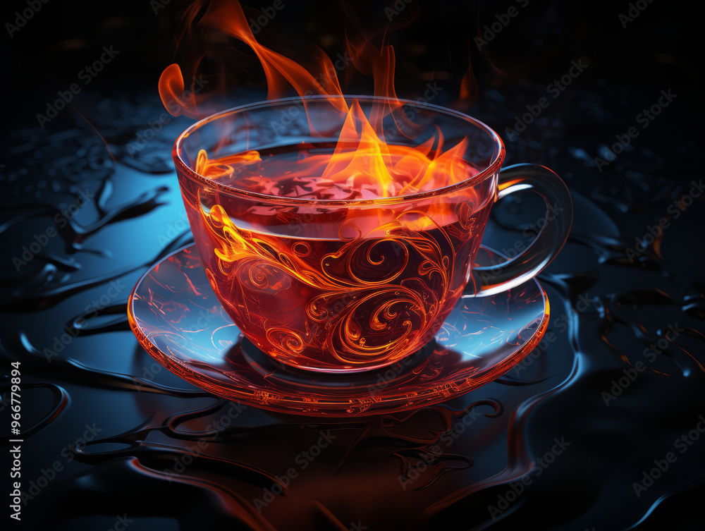 Excellent A coffee cup with lava and fire flames on black background Excellent A coffee cup with lava and fire flames on black background
