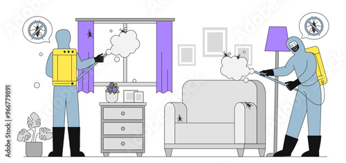 Disinfection of insects. Men in uniform apply spray in apartment. Pesticide, insecticide and repellent. Workers with chemical reagents. Linear vector illustration