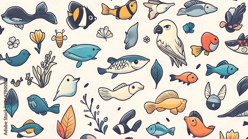 Fototapeta premium Hand-drawn icon set for a nature app, featuring icons for different types of animals like birds, fish, and insects with a soft and organic style. 