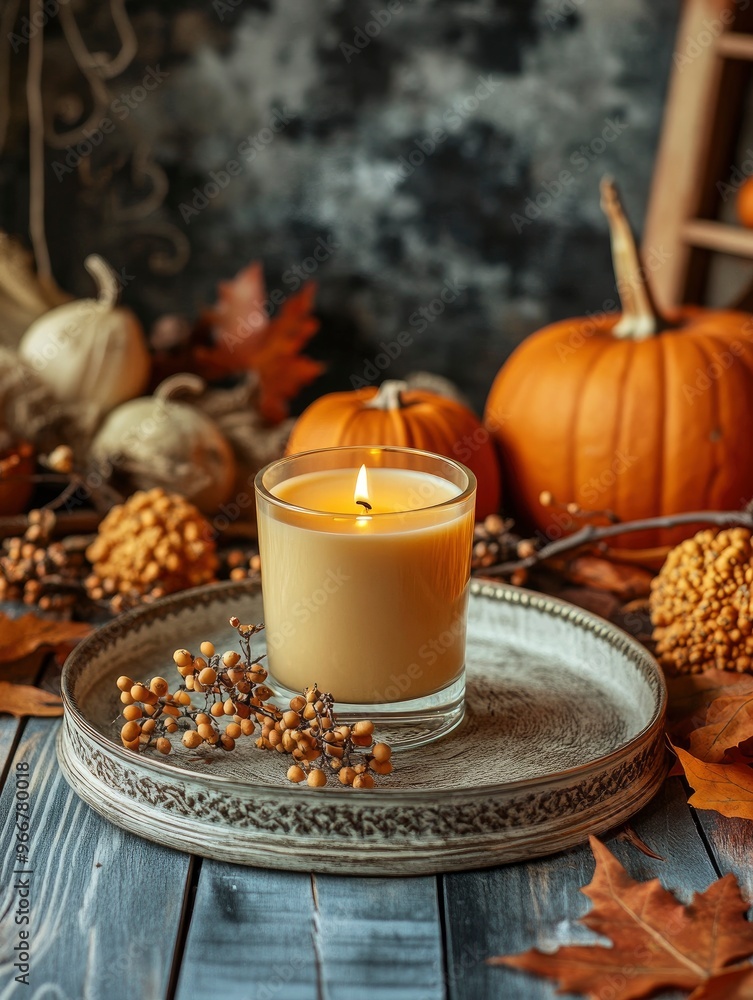 A beautifully crafted candle placed on an elegant tray, surrounded by autumnal decorations like leaves and pumpkins, with generative ai A beautifully crafted candle placed on an elegant tray, surrounded by autumnal decorations like leaves and pumpkins, with generative ai