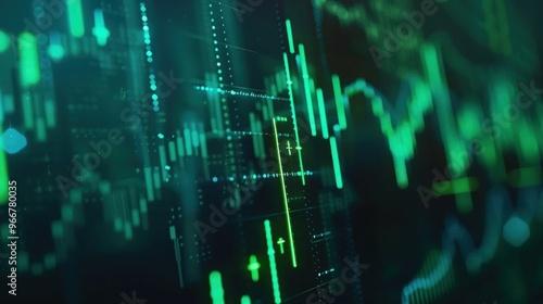Abstract financial chart with green lines depicting stock market trends and data analysis on dark background. Financial concept