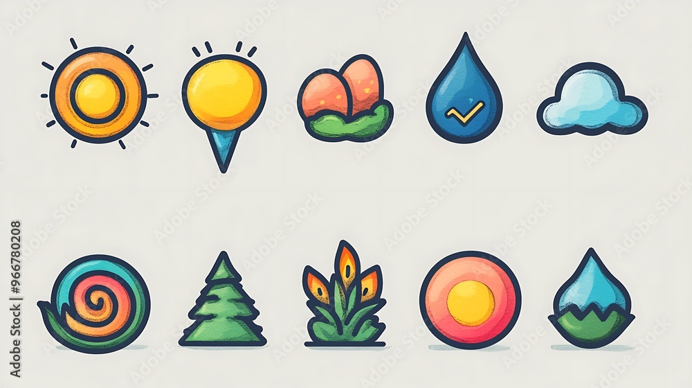 Hand-drawn icon set for a nature app, featuring icons for different types of natural phenomena like rainbows, lightning, and auroras with a soft and organic look. Hand-drawn icon set for a nature app, featuring icons for different types of natural phenomena like rainbows, lightning, and auroras with a soft and organic look.