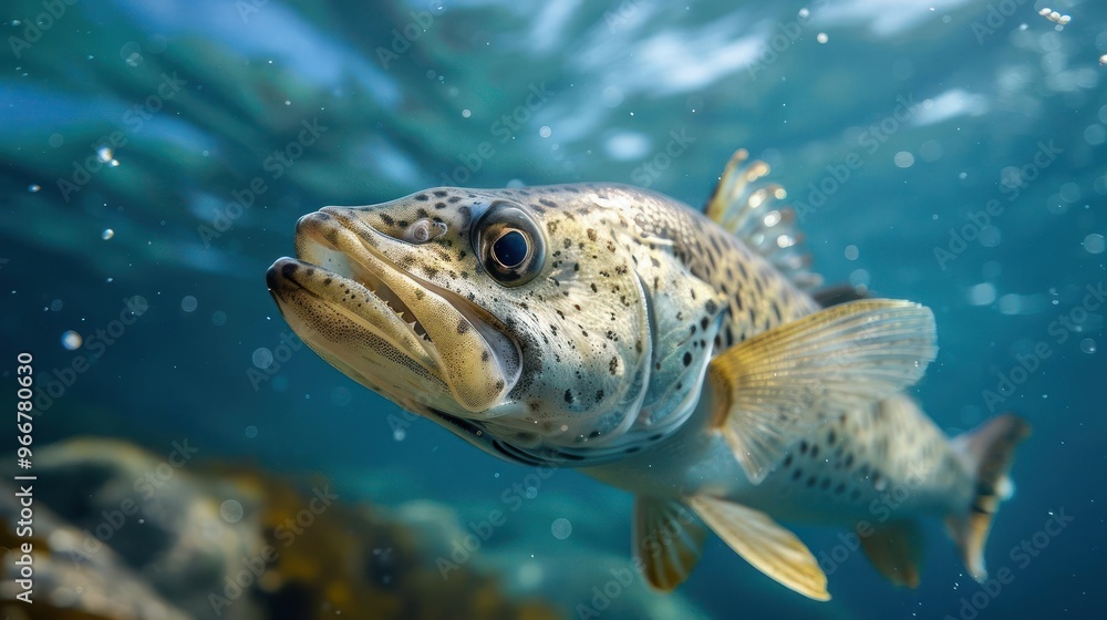 Fototapeta premium A close up of a vibrant yellow and brown spotted fish, with its mouth open as if to bite,