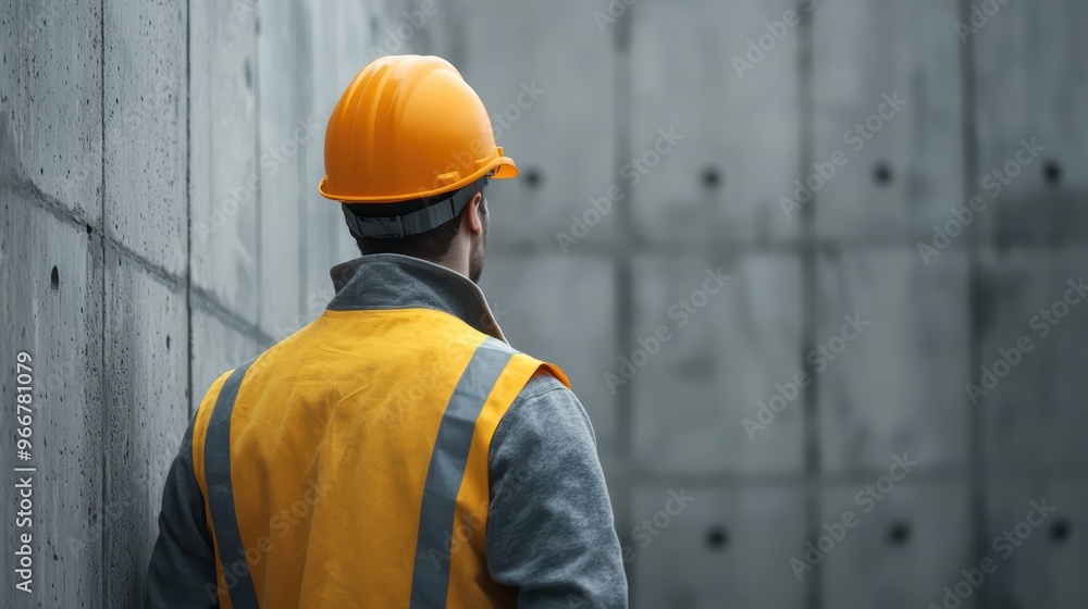 Construction Worker in Safety Gear Inspecting Concrete Wall at Construction Site Construction Worker in Safety Gear Inspecting Concrete Wall at Construction Site