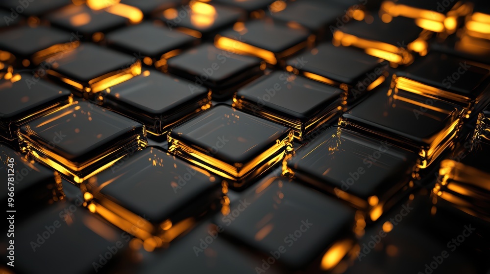 Obraz premium Abstract Geometric Pattern of Glowing Orange and Black Glass Tiles with Reflective Surfaces