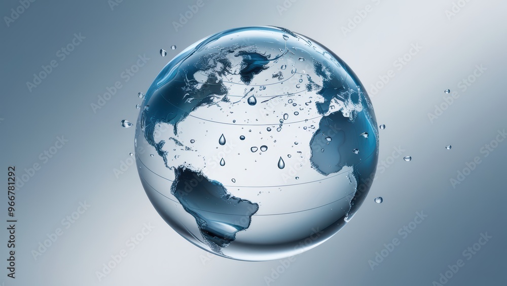 Digital illustration of a globe with water, with the globe inside a water droplet, representing global connectivity, environmental awareness, and technology and communication concepts. Digital illustration of a globe with water, with the globe inside a water droplet, representing global connectivity, environmental awareness, and technology and communication concepts.