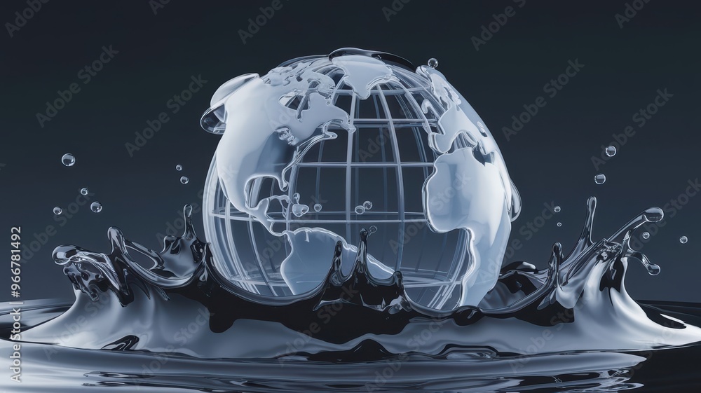 Digital illustration of a globe with water, with the globe inside a water droplet, representing global connectivity, environmental awareness, and technology and communication concepts. Digital illustration of a globe with water, with the globe inside a water droplet, representing global connectivity, environmental awareness, and technology and communication concepts.