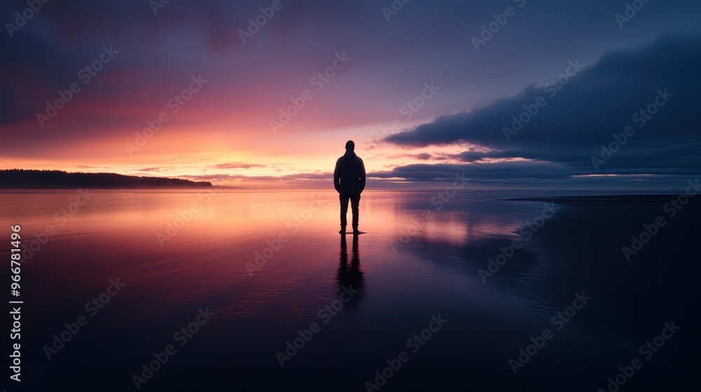 Silhouette of a Person Standing on a Beach at Sunset with Vibrant Sky and Reflections on the Water Silhouette of a Person Standing on a Beach at Sunset with Vibrant Sky and Reflections on the Water