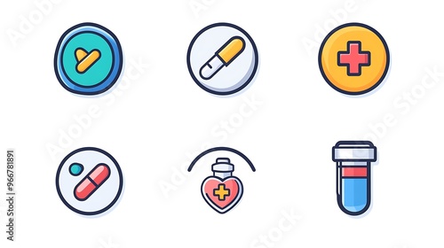 Minimalistic 2D icon set for a health app, featuring icons for different types of health conditions like allergies, diabetes, and hypertension with a clean and straightforward look. 