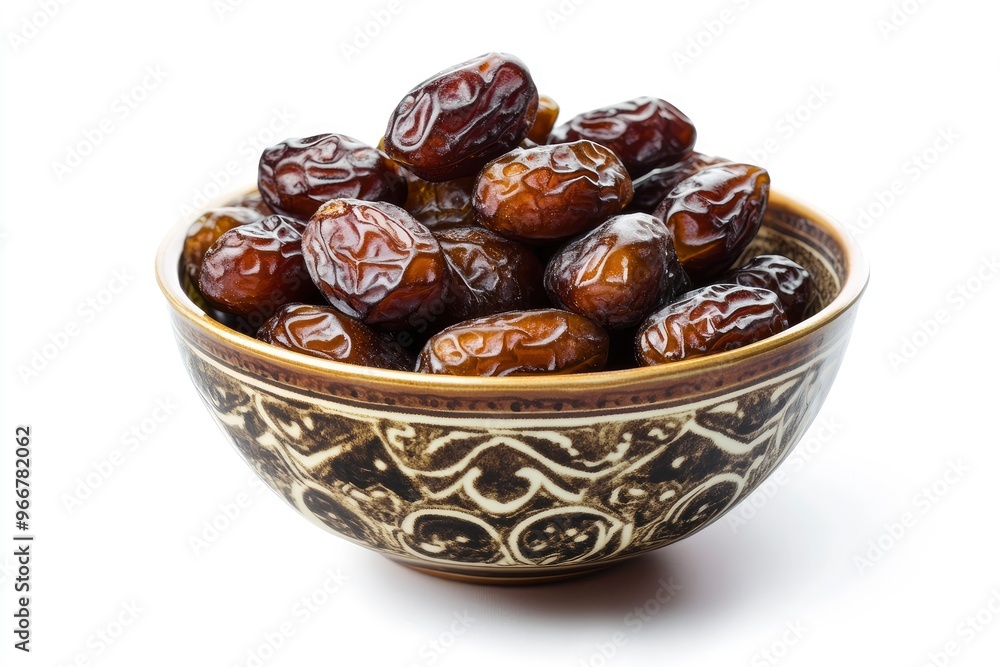 A bowl of dates fruit in white background. Ramadan Conceptual photo with generative ai A bowl of dates fruit in white background. Ramadan Conceptual photo with generative ai