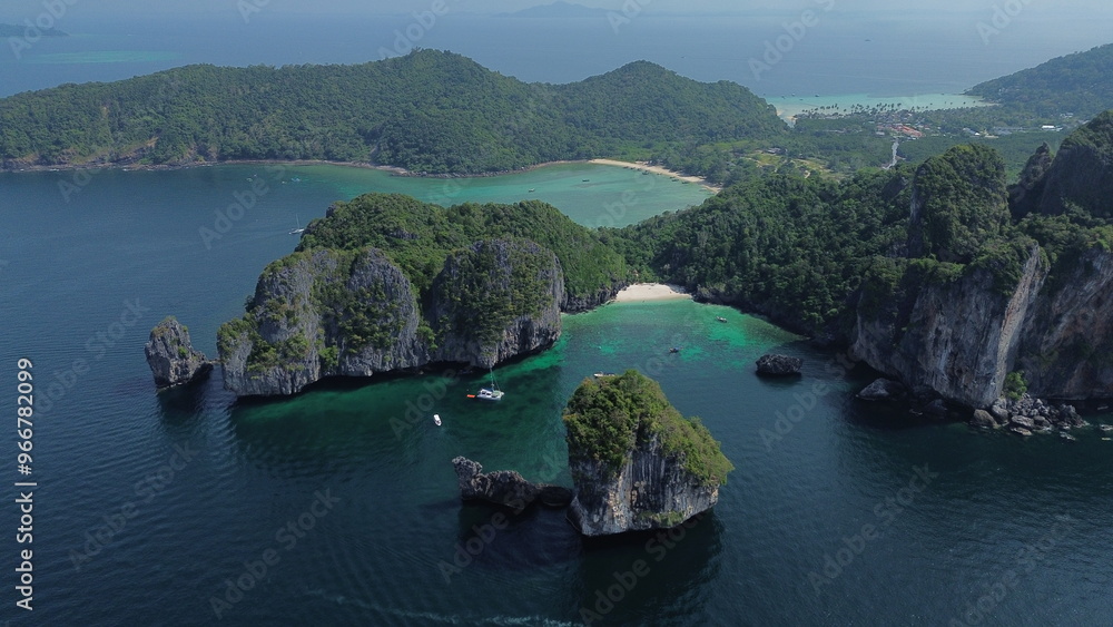 Phi Phi Don Island in the morning, beautiful views from high above Tonsai Bay, popular island in southern Thailand Phi Phi Don Island in the morning, beautiful views from high above Tonsai Bay, popular island in southern Thailand