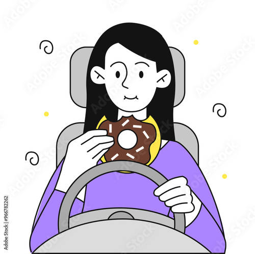 Woman eat while driving. Young girl with donut driving car. Unsafe driving and road hazards. Bad behaviour and breaking laws. Linear vector illustration