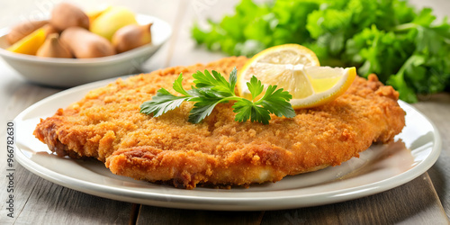 Golden Crispy Schnitzel: A classic Wiener Schnitzel, adorned with lemon slices and parsley, takes center stage on a rustic wooden table, promising a delightful culinary experience. 