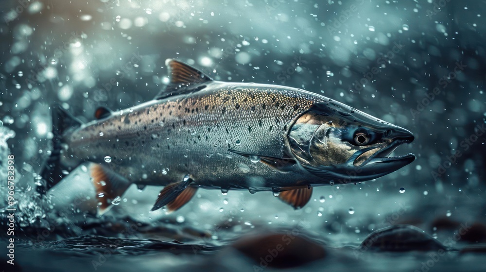 A large salmon, a ferocious predator, leaps from the water to catch its prey. A large salmon, a ferocious predator, leaps from the water to catch its prey.