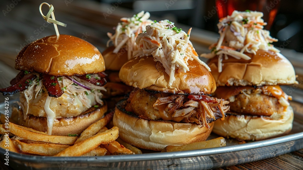 Three Sliders with Cheese and Bacon, Pulled Pork, and a Crab Cake Served on Buns, Accompanied by a Side of Fries Three Sliders with Cheese and Bacon, Pulled Pork, and a Crab Cake Served on Buns, Accompanied by a Side of Fries