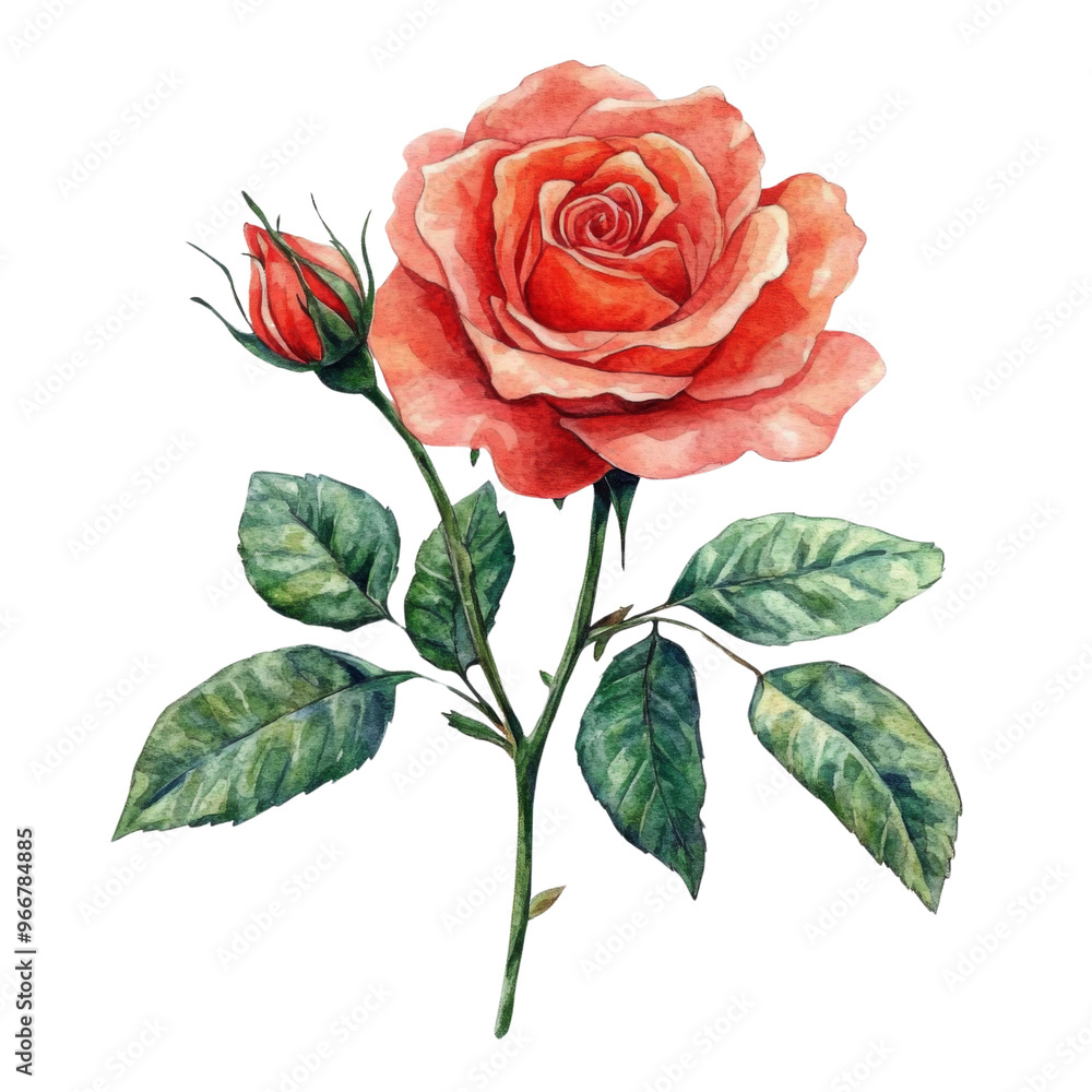 A beautiful, hand-painted watercolor rose with delicate petals and lush green leaves, perfect for floral designs and decorations. A beautiful, hand-painted watercolor rose with delicate petals and lush green leaves, perfect for floral designs and decorations.