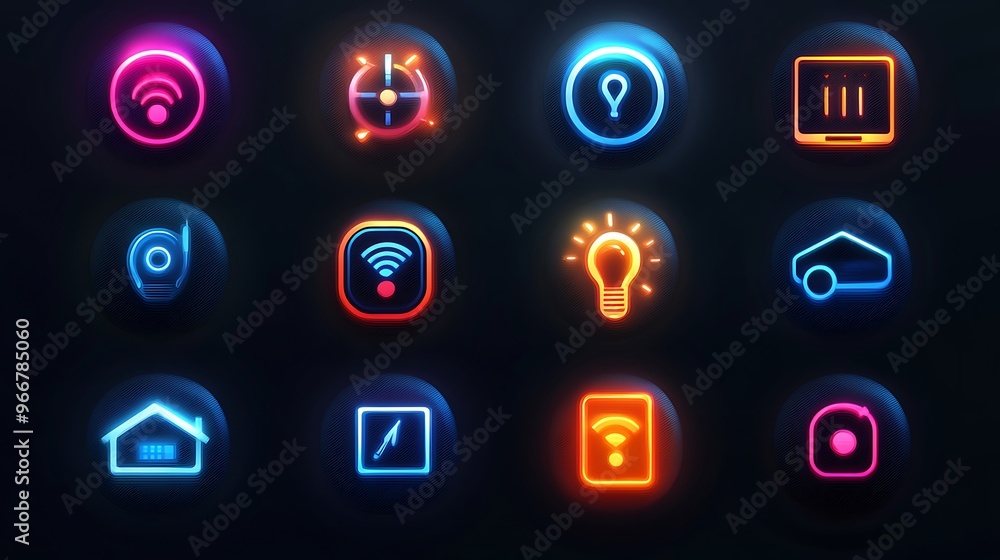 3D illustrated icon set for a home automation app, featuring icons for smart devices such as lights, thermostats, and security systems, with a modern and futuristic look. 3D illustrated icon set for a home automation app, featuring icons for smart devices such as lights, thermostats, and security systems, with a modern and futuristic look.