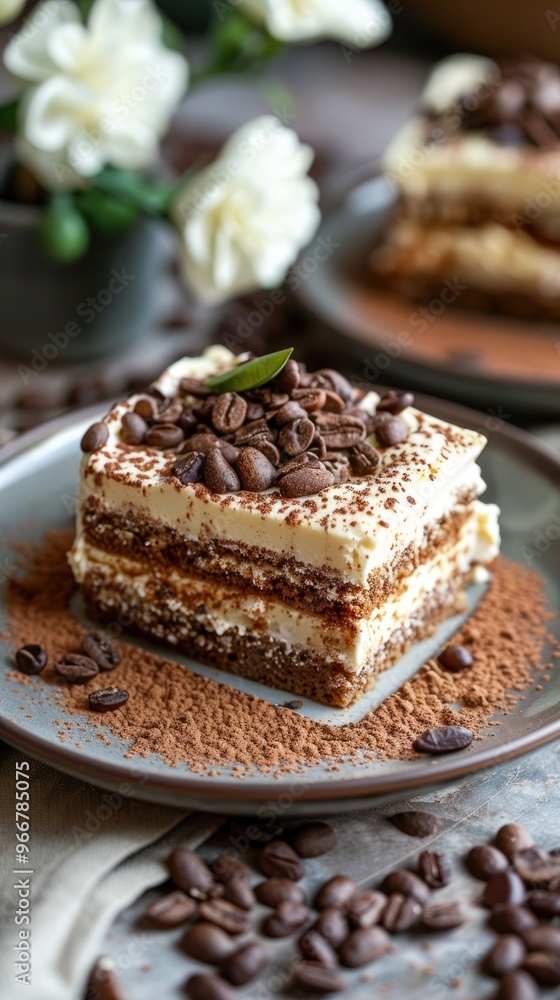 Delicious Tiramisu Dessert with Coffee Beans and Cocoa Powder. Delicious Tiramisu Dessert with Coffee Beans and Cocoa Powder.