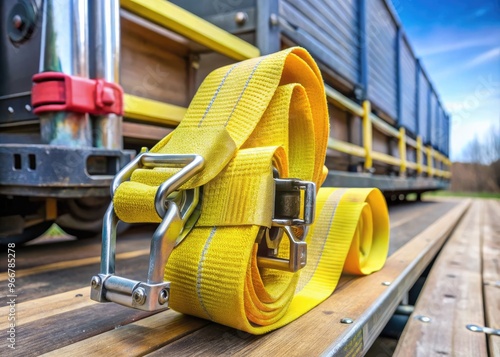 A sturdy yellow tow strap and heavy-duty ratchet straps secure a cargo load on a trailer, emphasizing importance of safety equipment for hauling heavy goods. photo