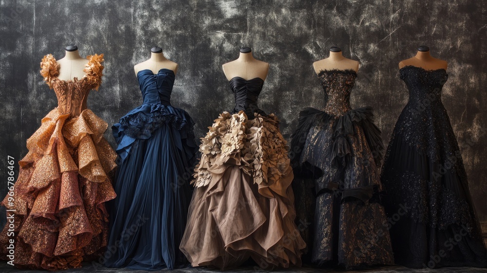 Naklejka premium Five Elegant Dresses on Mannequins