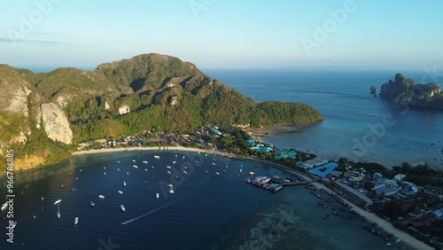 Phi Phi Don Island in the morning, beautiful views from high above Tonsai Bay, popular island in southern Thailand photo