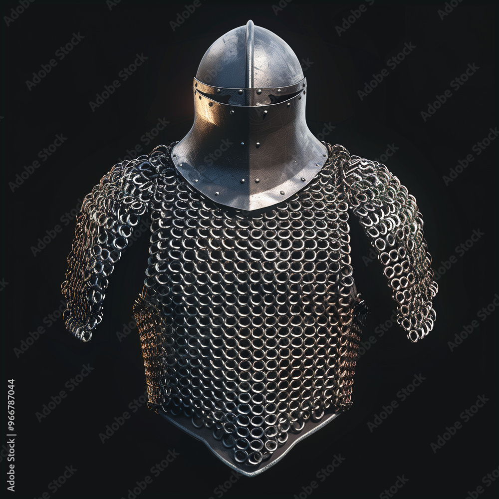 Medieval Chainmail Armor with Steel Helmet and Shoulder Guards
Medieval Chainmail Armor with Steel Helmet and Shoulder Guards