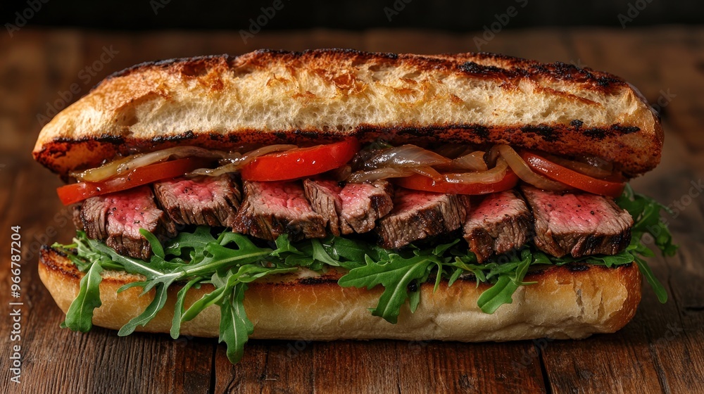 Steak Sandwich with Fresh Vegetables on a rustic wooden table. Steak Sandwich with Fresh Vegetables on a rustic wooden table.