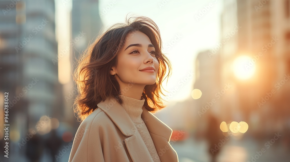 A serene young woman enjoys a sunny day in the city, radiating positivity and warmth amidst urban scenery. A serene young woman enjoys a sunny day in the city, radiating positivity and warmth amidst urban scenery.