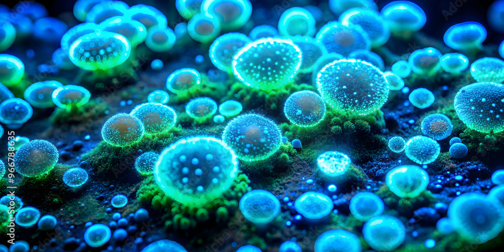 Glowing Bioluminescent Mushrooms: A mesmerizing field of bioluminescent fungi glows with an ethereal blue and green light, creating a surreal and otherworldly scene. Glowing Bioluminescent Mushrooms: A mesmerizing field of bioluminescent fungi glows with an ethereal blue and green light, creating a surreal and otherworldly scene.
