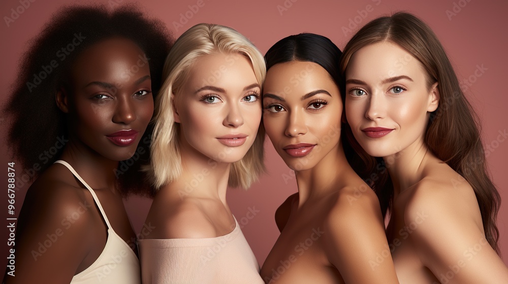 Four Diverse Women Posing Together in Studio Setting Four Diverse Women Posing Together in Studio Setting