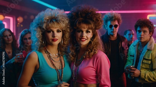 Retro party in colorful 1980s nightclub with fashionable friends enjoying a night out together